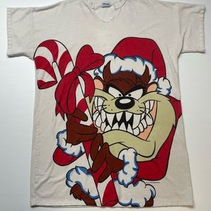 1994 Christmas Candy Cane Taz All Over Print Tee Size M-L